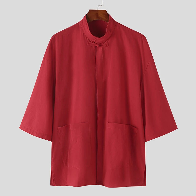 INCERUN Men Cotton Linen Half Sleeve Shirt Solid Color Comfy Loose Fit Casual Stand Collar Top for Men Plus Size Spring Fall