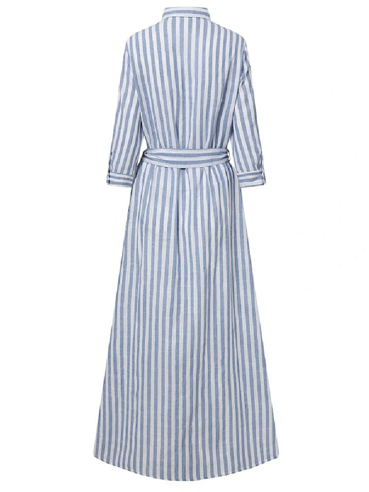 ZANZEA Women 100% Cotton Classical Striped Print Lapel Button Front Lace-Up Casual Shirt Dress