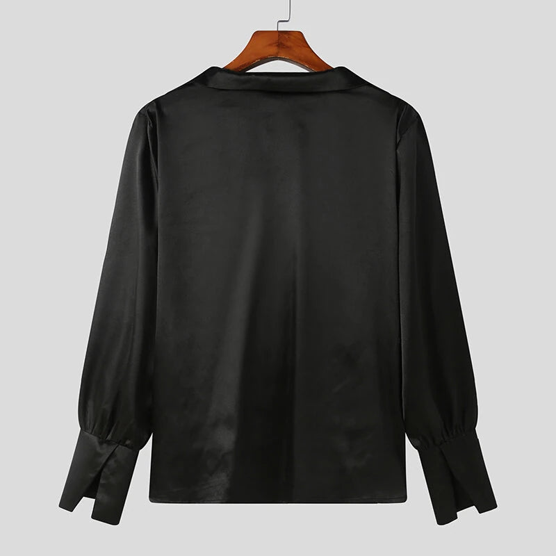 INCERUN Mens Shirts Solid Color Long Sleeve Top Shirts Summer Fashion  Stacked Neck Top Shirts Party Male Clothing