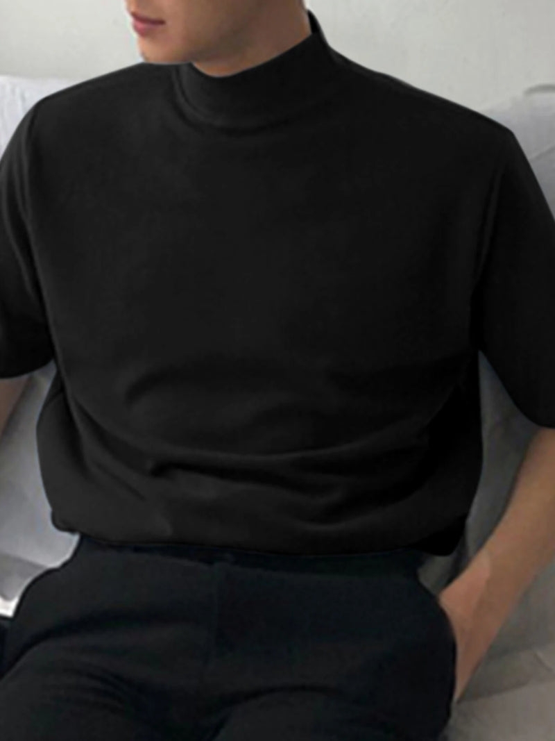 INCERUN Mens Casual Stand Collar Top Solid Color Short Sleeve T-Shirt