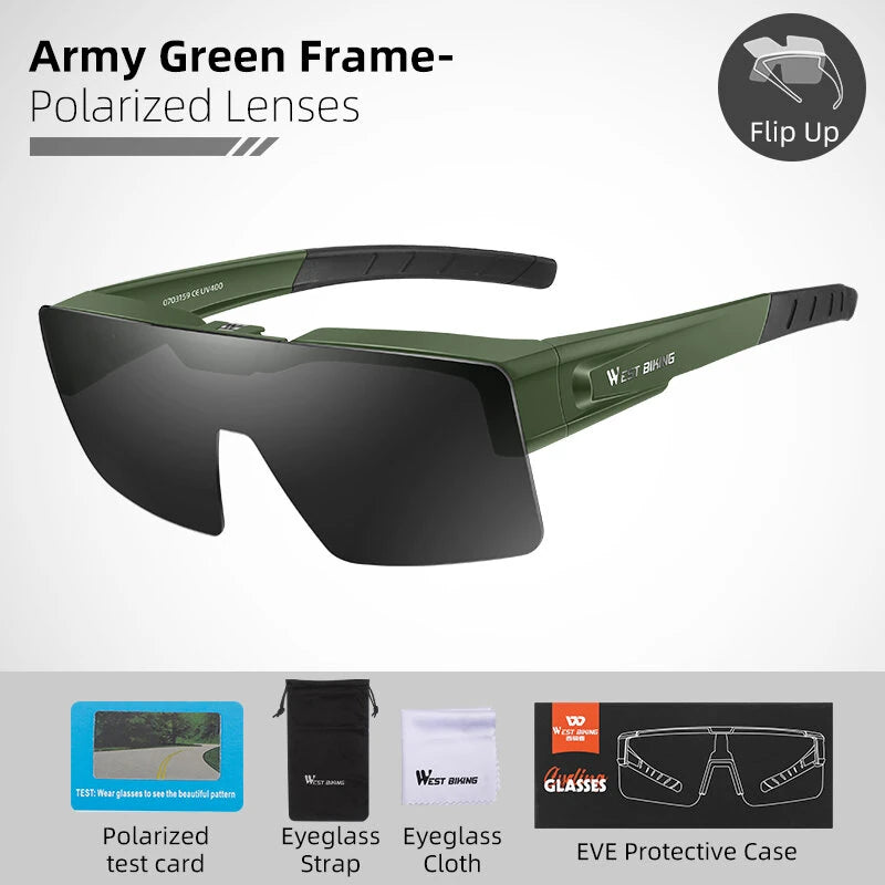WEST BIKING Flip Up Polarized Cycling Glasses Lightweight HD Sunglasses Fit Over Myopia Bike Riding Driving Goggles Outdoor Travel Fishing Eyewear