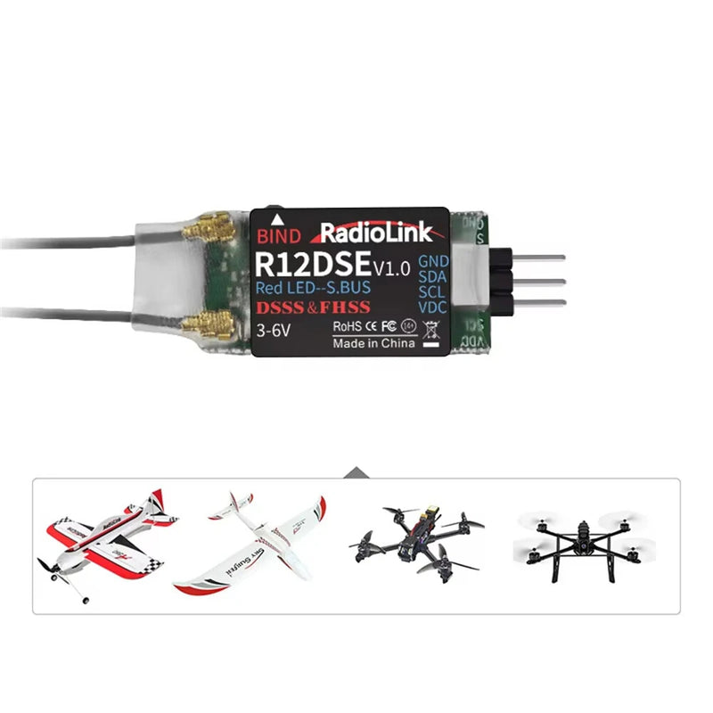Radiolink R12DSE 2.4GHz 12CH SBUS/PPM DSSS & FHSS Real-time Built-In Telemetry Dual Antenna Mini RC Receiver SBUS Signal for FPV Racing Drone Quad Airplane Helicopter
