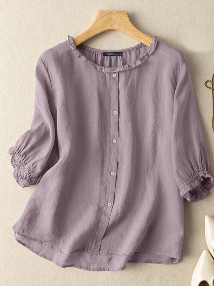 ZANZEA Lettuce Edge Crew Neck Solid Button 3/4 Sleeve Blouse