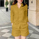 ZANZEA Women's 2pcs Suits Vintage Casual Long Sleeve Lapel Shirt Elastic Waist A-Line Shorts Cotton Linen Sets