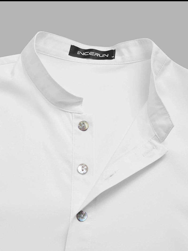 INCERUN Men Robes Long Sleeve Solid Color Long Tops Stand Collar Button Long Shirt with Side Pocket Casual Daily Male Robes