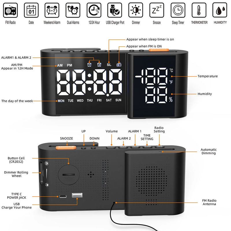 LCD Digital Desk Wall Alarm Clock with USB Charging Station Dual Screen LED Dimming Temperature And Humidity Electronic Clock Radio Alarm Clock