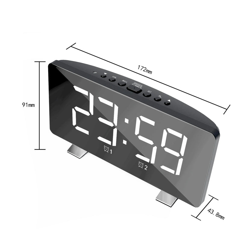 LED Mirror Digital Alarm Clock USB Charging Brightness Adjustable 10 Music Option Power off Memory Function
