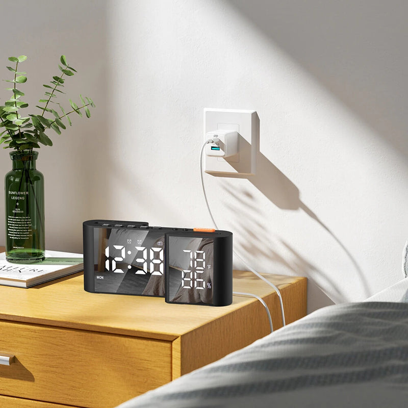 LCD Digital Desk Wall Alarm Clock with USB Charging Station Dual Screen LED Dimming Temperature And Humidity Electronic Clock Radio Alarm Clock