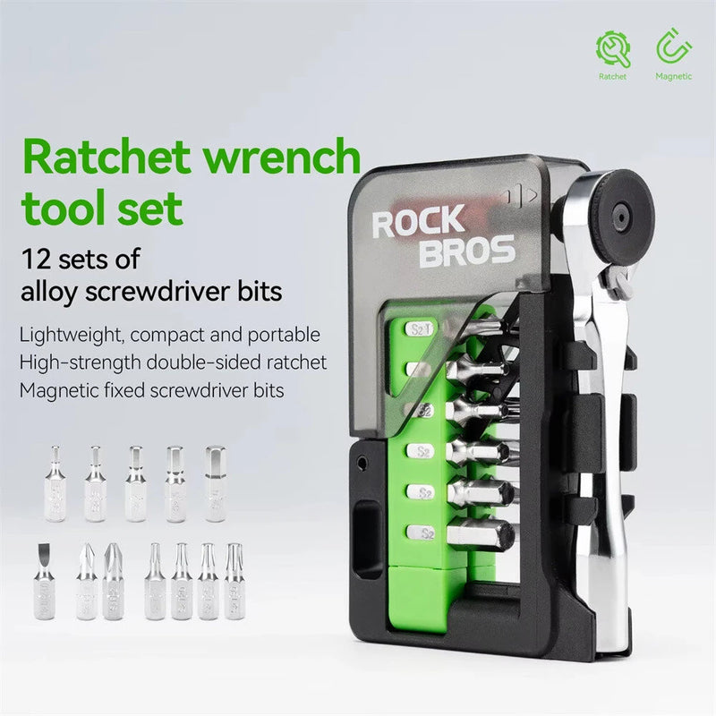ROCKBROS 12-in-1 Portable Mini Bicycle Repair Tools Kit Multifunction Aluminum Alloy Bike Ratchet Wrench Screwdriver Maintenance Set for Road MTB