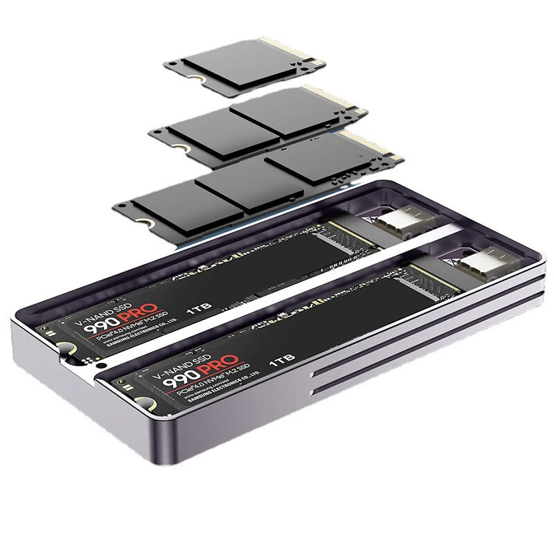 JEYI i9 Dual Bay M.2 NVMe Sata SSD Enclosure USB3.2 Gen 2 10Gbps Aluminum Case for M.2 PCIe 2280/60/42/30 SSD Support UASP Trim