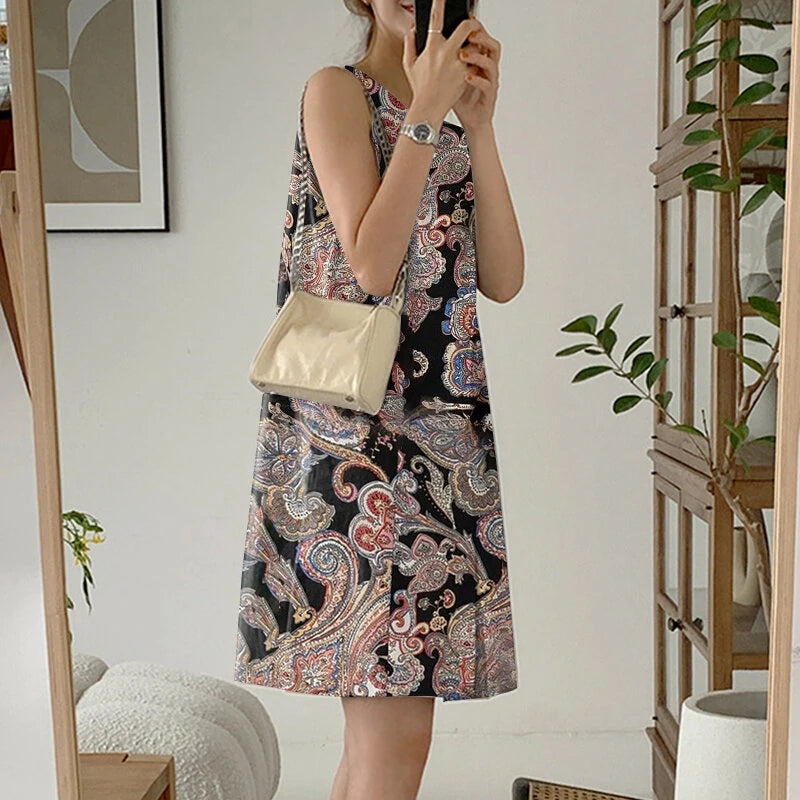 ZANZEA Women's Bohemian Printed Round Neck Pleated Sundress Loose Sleeveless Midi Dress