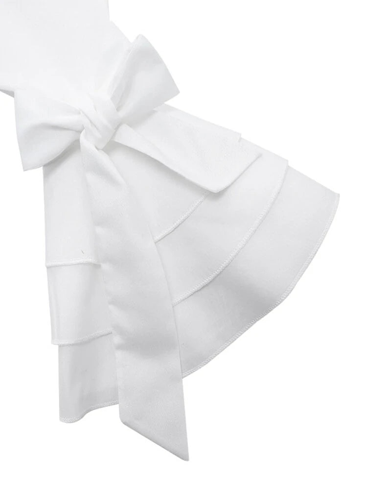 Women Casual Turn-down Collar Flare Sleeve Solid Color Blouse