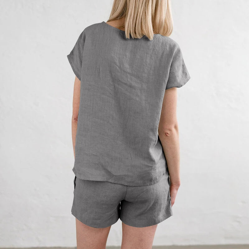 ZANZEA Plus Size Women Cotton Linen Two Set Solid Elastic Waist Pocket Short Sleeve Blouses and Short Casual Summer Two-Piece Set