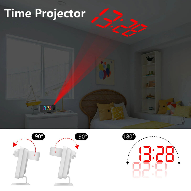 AGSIVO LED RGB Digital Projection Alarm Clock with 180 Rotatable Projector / 11 Colors / Mirror Surface / Snooze / 6-Level Brightness Dimmer / Clear LED Display / USB Charger For Bedroom Living Room