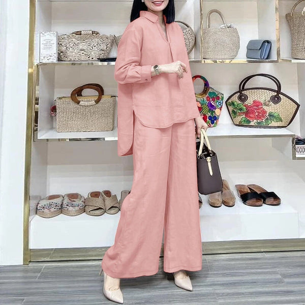 ZANZEA Women Suits - Long Sleeve Lantern Sleeve Elastic Waist Pants Wide Leg Pants with Pockets Casual Tops Trousers Two-Piece Set Plus Size