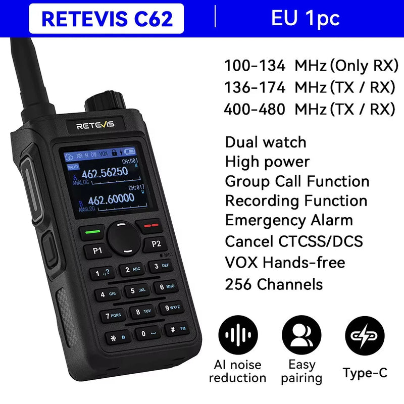 Retevis C62 5W Long Range Walkie Talkie VHF/UHF Dual Mode Professional Two-Way Radio for Camping