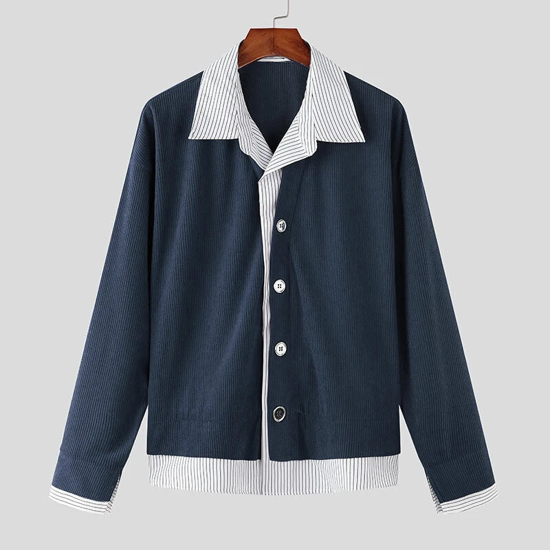 INCERUN Mens Textured Patchwork Striped Long Sleeve Shirt Fashion Lapel Men Top Comfortable