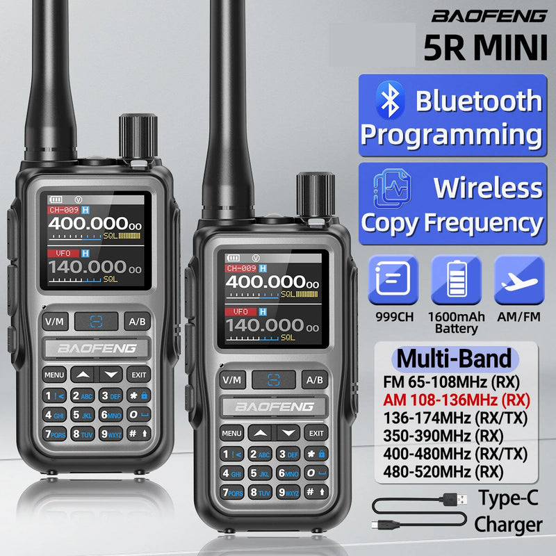 1Pcs Baofeng UV-5R Mini 5W Power Multi-Band Walkie Talkie 999 Channels bluetooth Programmable One-key Frequency Pairing Two Way Radio 1600mAh Battery with Type-C Charging for Outdoor Camping Hiking Road Trip