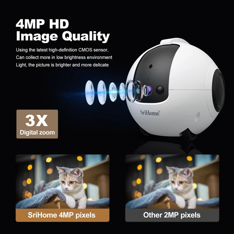 SriHome DH013 4MP HD Smart Pet Camera WiFi Mobile Robot with AI Tracking Auto Recharge 10000mAh Battery Night Vision Two Way Audio for Monitoring and Playing with Pets