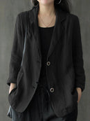 Women 100% Cotton Solid Color Button Front Business Thin All-Match Blazer With Pocket