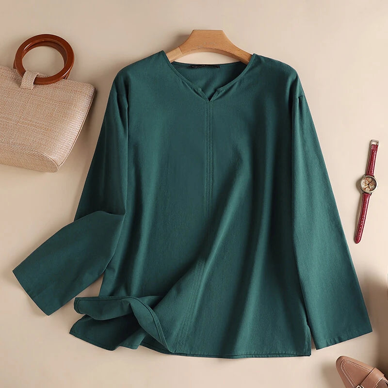 ZANZEA Vintage Women Cotton Blouse V Neck Long Sleeve Tops Retro Solid Loose Shirt Female Work Tunic Blusas Mujer