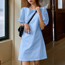 VONDA Womens Casual Round Neck Shirt Dress Puff Sleeve Short Dress A Line Solid Tunic Mini Dresses Plus Size