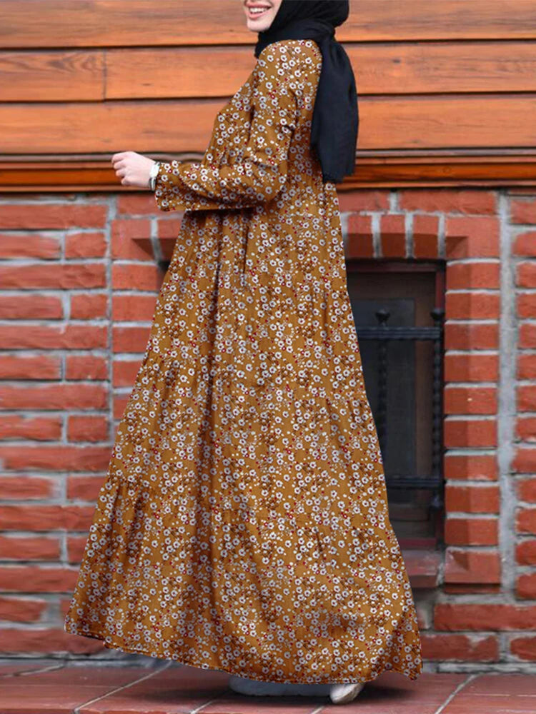 ZANZEA Plus Size Women Long Dress Floral Print Tiered Dress O-Neck Casual Maxi Dress With Side Pocket