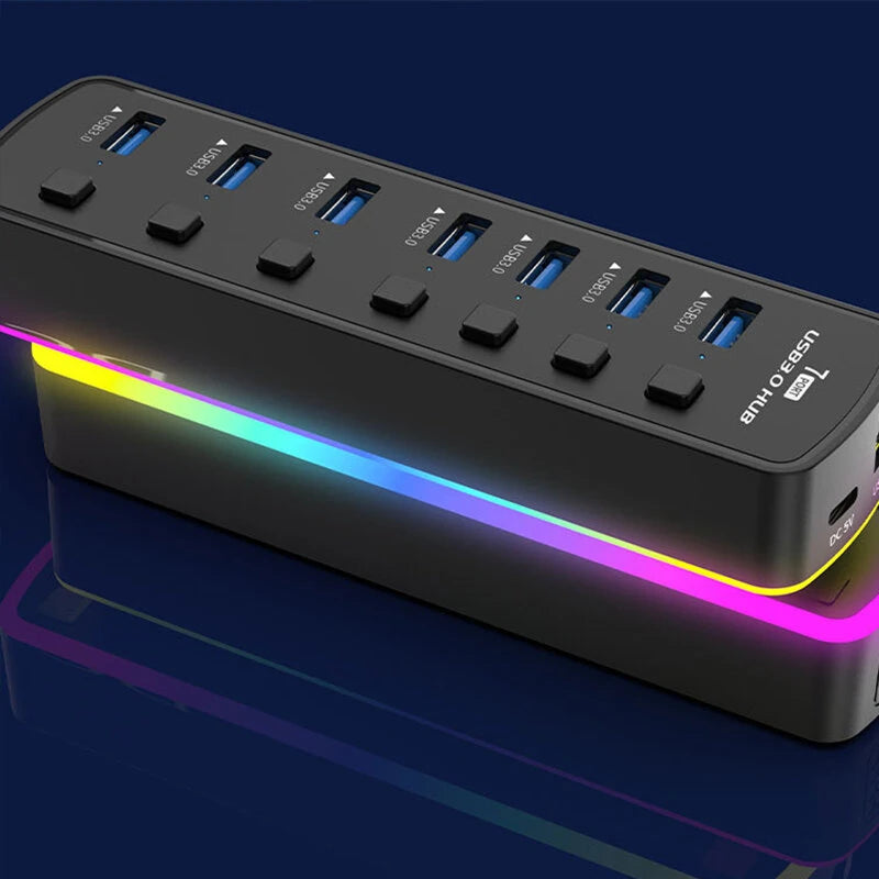 7 in 1 RGB USB3.0 Hub Docking Station with 5Gbps USB3.0*7 Multiports Splitter Adapter with Independent Switch for Phone Keyboard Mouse Printer MacBook Pro
