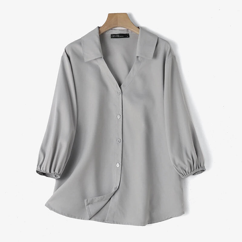 ZANZEA Women's Blouse Commute New Fashion Lantern Sleeve V-Neck Lapel Solid Office Top Shirt