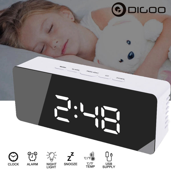 Digoo Wireless USB Mirror Alarm Clock LED Digital Therometer Temperature Night Mode Black DG-DM1