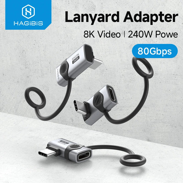 Hagibis 240W USB-C to C Adapter with Lanyard 80Gbps 90 Degree Converter 8K Video USB4 Adapter for MacBook iPhone 16 Pro Tablet