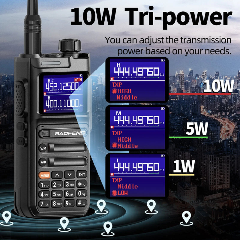 Baofeng UV-26 10W High Power Walkie Talkie Handheld Two Way Radio Long Range Multi Band NOAA Weather Alert 999 Channels Rechargeable Battery Type-C Charging Wireless Frequency Copy Transceiver Radio
