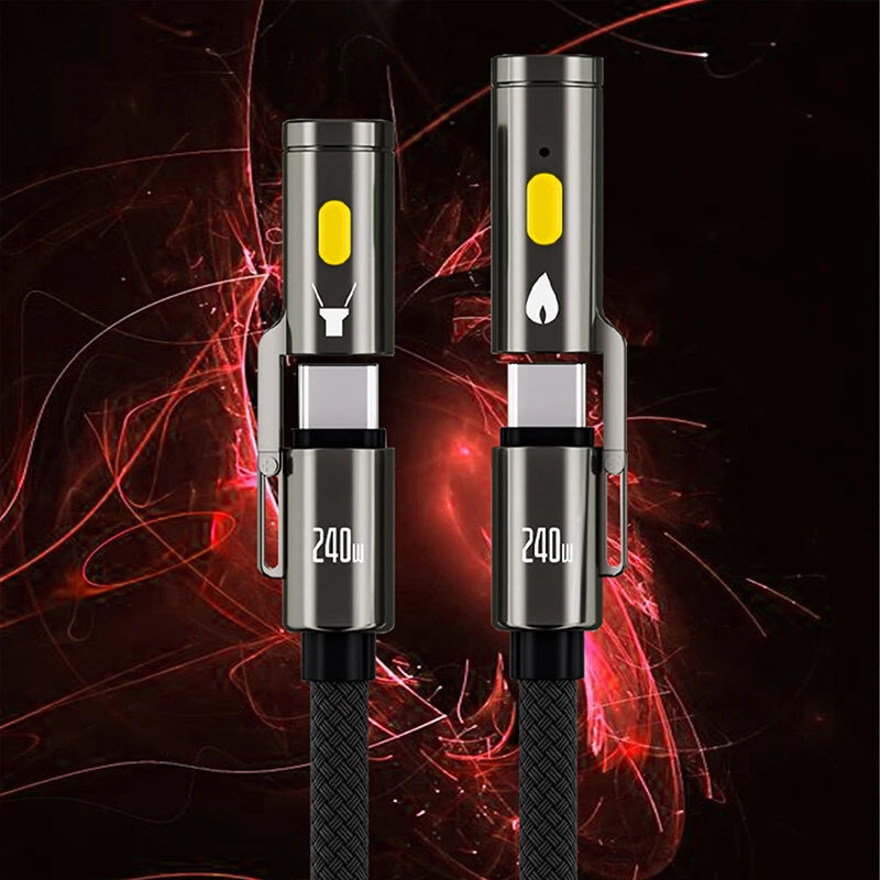 TUTI PD240W USB C to C Fast Charging Cable with Lighting Cigarete Lighter Function 480Mbps Data Transfer Built-in Flashlight Zinc Alloy Nylon Braided Cables