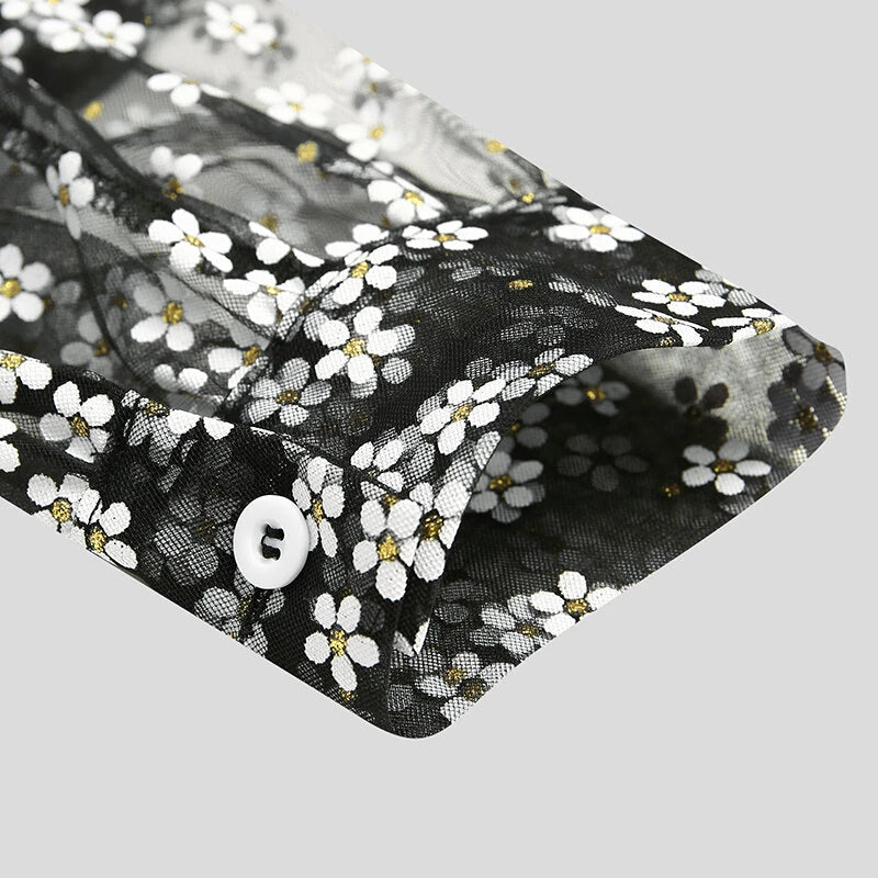 INCERUN Men Long Sleeve Mesh Shirts Turn Down Collar Casual Printing Shirt Man See Through Loose Blouse Fashion Party Blusas