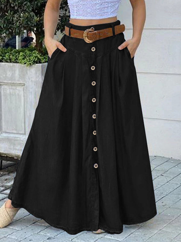 ZANZEA Plus Size Women Long Skirts, Summer Button Down Dress, Solid Color Loose Casual High Waist Long Skirt With Pocket