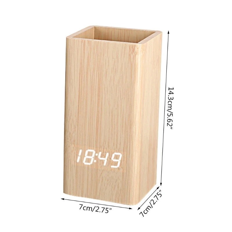 Creative Wooden Pen Holder Clock USB Voice Control Digital Pen Holder Alarm Clock LED Pencil Organizer with LED