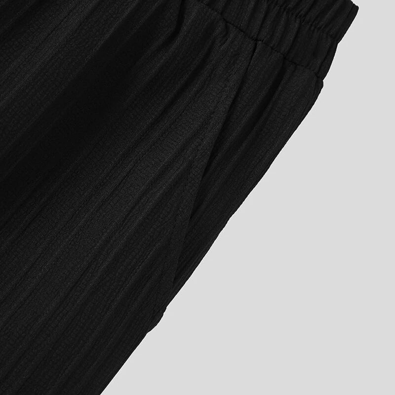 INCERUN Men Sets Solid Color Fashion Lapel Long Sleeve Shirt & Pants 2PCS Pleated Loose Streetwear Men Casual Suits S-5XL