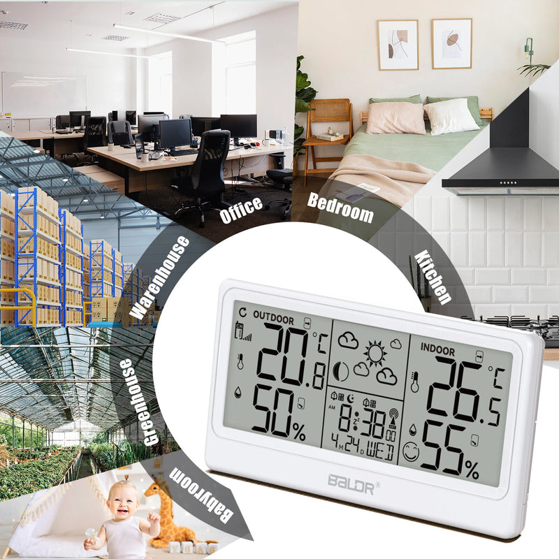 BALDR 8.5" LCD Screen Weather Station RCC Alarm Clock Digital Temperature Humidity Meter Weather Forecast Calendar Moon Phases Wireless Forecast Sensor