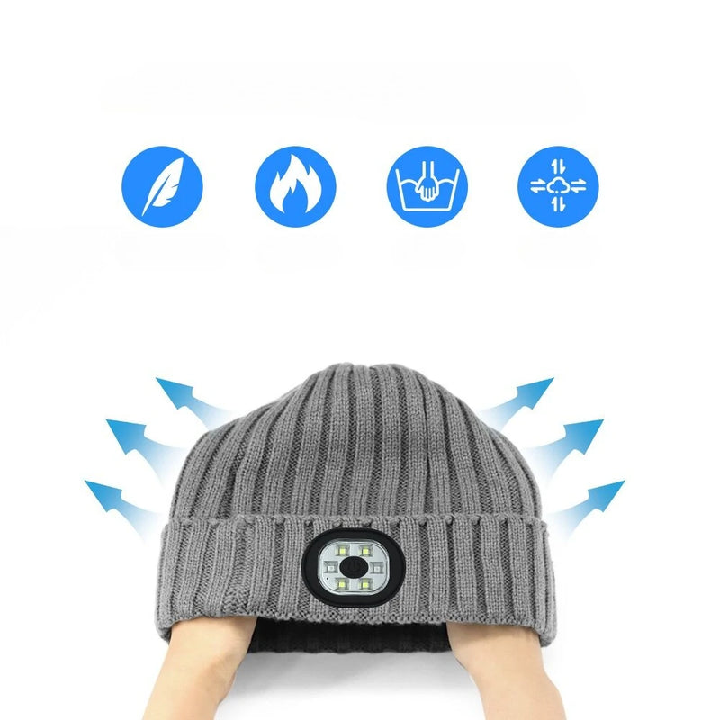 Unisex Beanie Fleece Lined LED Beanie with Light and USB Rechargeable Hands Free LED Headlamp Hat, Knitted Night Light Beanie Cap Flashlight Hat