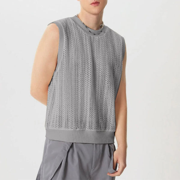 INCERUN Mens Hollow Out Crew Neck Sleeveless Vest Sold Color Sheer Knit Crew Neck Tank Top for Male