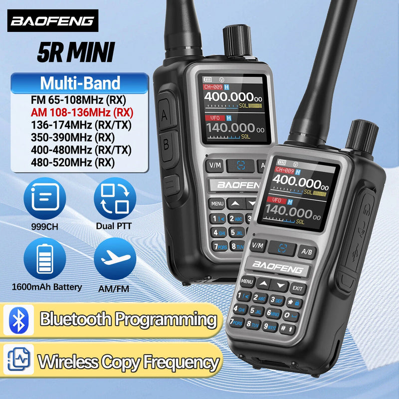 1Pcs Baofeng UV-5R Mini 5W Power Multi-Band Walkie Talkie 999 Channels bluetooth Programmable One-key Frequency Pairing Two Way Radio 1600mAh Battery with Type-C Charging for Outdoor Camping Hiking Road Trip