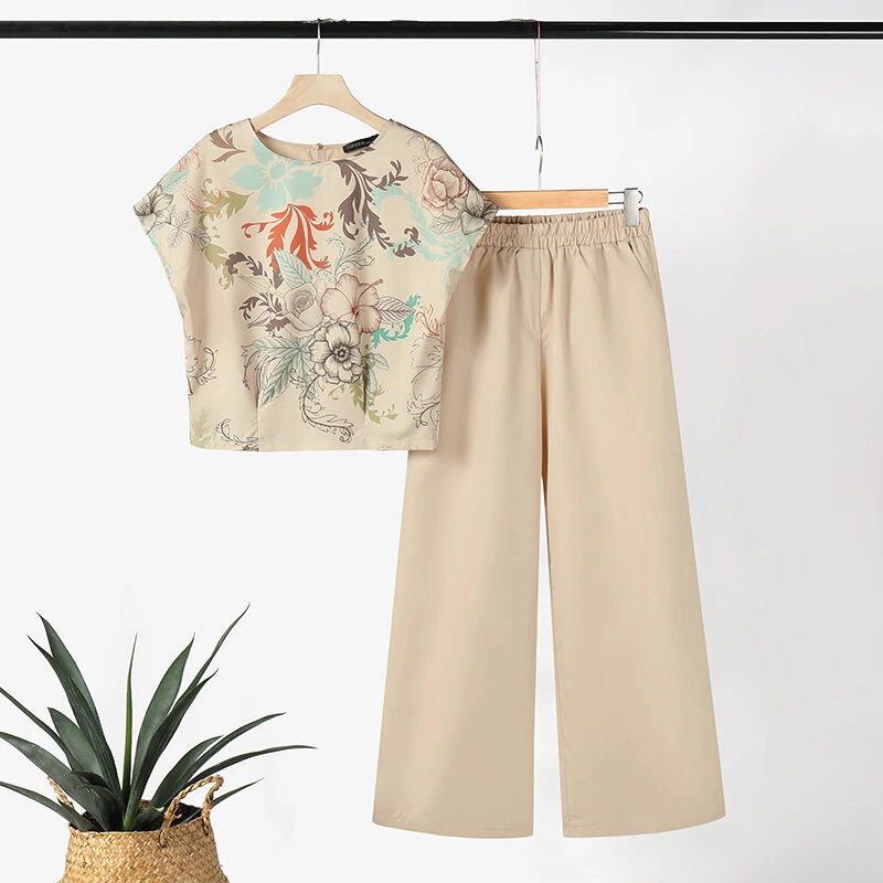 ZANZEA Women's 2pcs Suits Floral Short Sleeve O-Neck Top Elastic Waist Wide Leg Trousers Vintage Sets