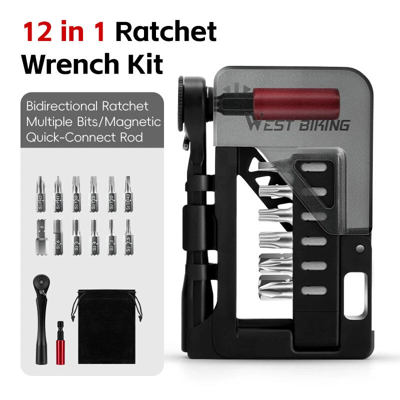 WEST BIKING 12-In-1 Bicycle Repair Tools Kit Portable Multitool Bike Two-Way Ratchet Wrench Magnetic Allen Key Quick Release Set