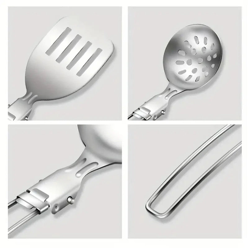 IPRee 6pcs Kitchen Accessories Multi-functional Folding Kitchenware Cookware Stainless Steel Portable Folding Soup Ladle, Perforated Spoon, Scraper, Spatula and Storage Bag