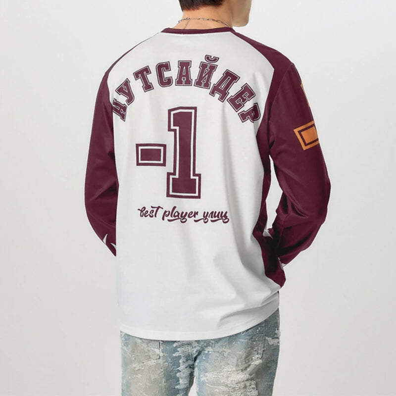 INCERUN Mens Casual Color-Block Long-Sleeve T-Shirt Fashion Loose Fit Crew Neck Racing Tshirt for Male S-5XL