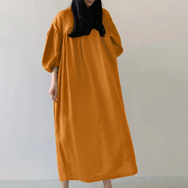 ZANZEA Women Maxi Dresses Solid Color Seven-quarter Length Lantern Sleeves Long Dresses Plus Size Women Dresses