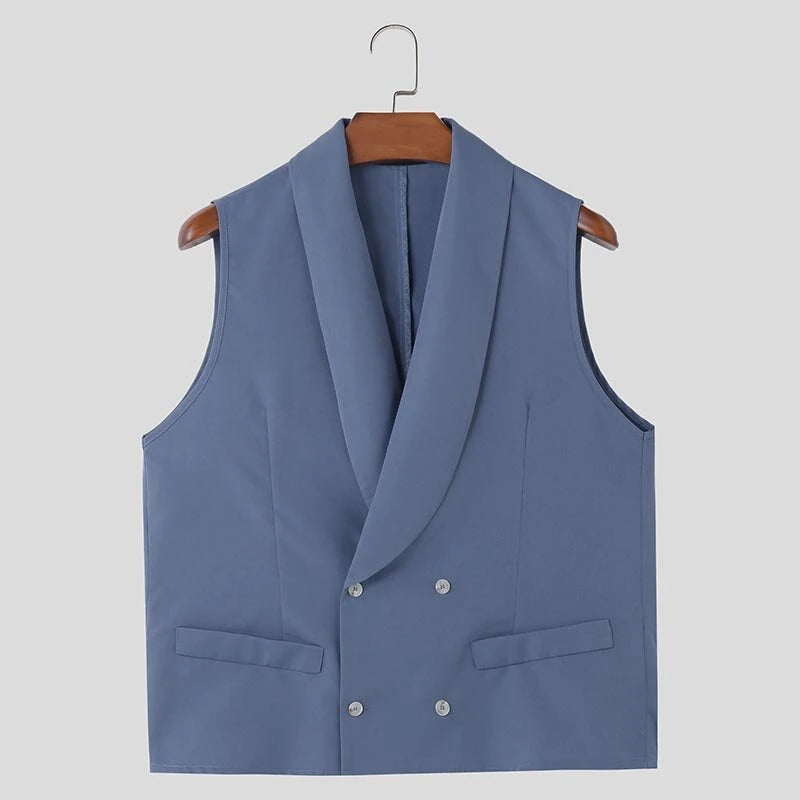 INCERUN Mens Solid Color Double-Breasted Two Pieces Outfit Sleeveless Blazer Vest Pant Casual Suit for Male