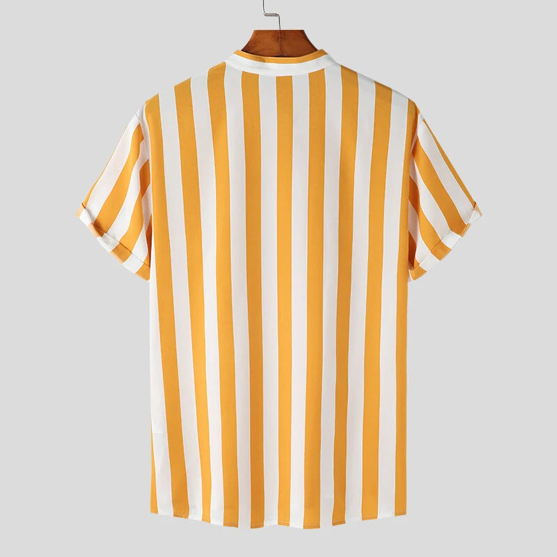 INCERUN Men's Casual Striped Shirt Daily Thin Long Sleeve Button Up Shirt for Men Stand-up Collar Short Sleeve Top Summer Shirts