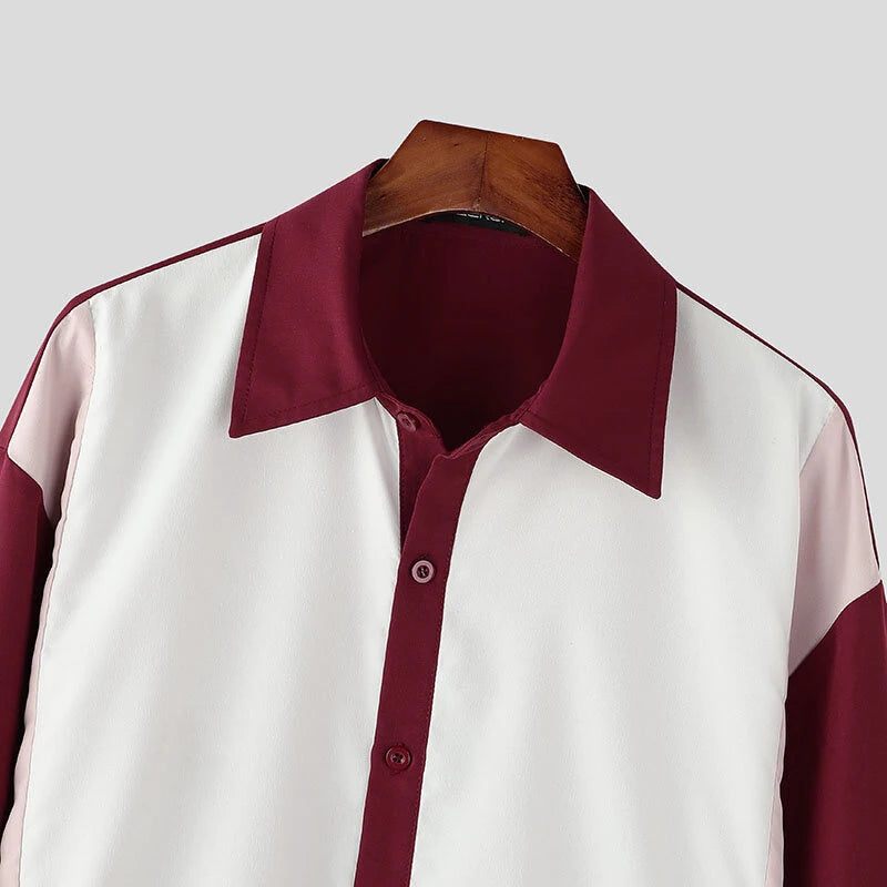 INCERUN Mens Colorblock Patchwork Long Sleeve Shirt Comfortable Soft Fashion Lapel Top Shirt