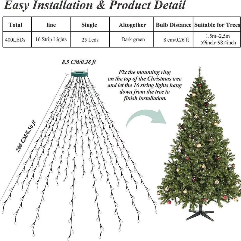 6.6 FT 16 Lines 400LED 8 Modes Christmas Tree Lights Decoration Tree Top Lights String Courtyard Garden Outdoor Waterproof Waterfall Lights LED Lights